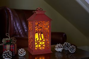 LED Laterne mit Timer und LED Beleuchtung warmweiß flackernd Vintage, Farbe:rot