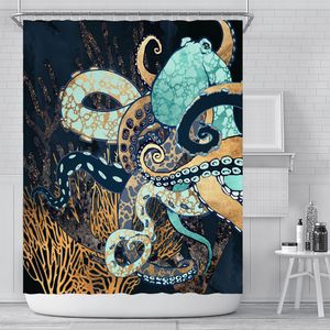 YULUOSHA Gold Blau Oktopus Duschvorhang Lustiges Meerestier Cool wasserdicht Duschvorhang Ocean Life Shower Curtain 200 x 200 cm MIT 12 HAKEN