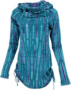Longshirt, Minikleid mit Weiter Schalkapuze - Türkisblau/Batik, Damen, Baumwolle,Elastan, Größe: S