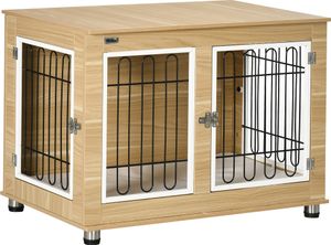 PawHut klec pro psy, psí dům, klec pro domácí mazlíčky s polštářem, 2 zámky pro střední psy, box pro psy s dvojitými dveřmi, psí dům, dub, 90 x 58 x 65 cm
