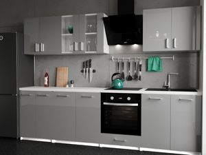 Roe Furniture | Küchenzeile - 280 cm - Grau (Hochglanz) - Einbauküche, Küchenblock, Singleküche, Singleküchenblock, Küchen - Tischplatte Weiß
