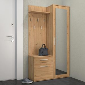 120 cm breit Kompaktgarderobe Fiora 3-st. Garderoben-Set Garderobenschrank Paneel Schuhschrank inkl. Spiegel, Farbe: Artisan