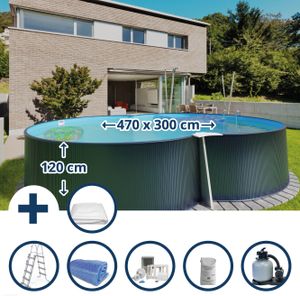 Stahlwandpool Set (7-teilig) hoch achtform 470x300x120 cm, Stahl 0,4 mm anthrazit Folie 0,4 mm blau