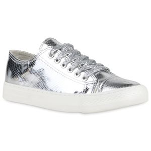 Mytrendshoe Modische Damen Sneakers Low Metallic Schnürer Freizeit Schuhe 811207, Farbe: Silber, Größe: 37