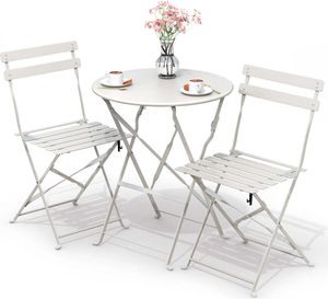 VOUNOT® Bistroset 3-teilig, Klappbar Bistrotisch mit 2 Stühlen, Gartenmöbel Set Balkonset Gartengarnitur, Sitzgruppe Metall, Bistro Set Outdoor, Weiß