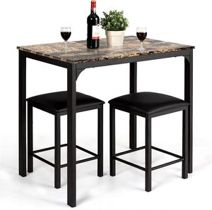 COSTWAY 3-dielna jedálenská súprava, barový stôl s 2 barovými stoličkami, jedálenská súprava s čalúnenými stoličkami, vysoký kuchynský stôl 90 x 60 x 82 cm (hnedý)
