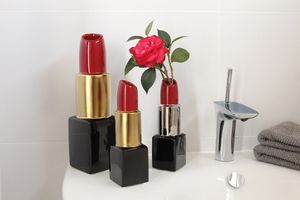 GILDE Vase, Lippenstift, "Milano", Keramik, rot, schwarz, silberfarben, , L. 6 cm, B. 6 cm, H. 20 cm 47241