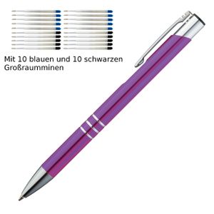 10 Kugelschreiber aus Metall / je 10 schwarze + blaue Minen / Farbe: lila