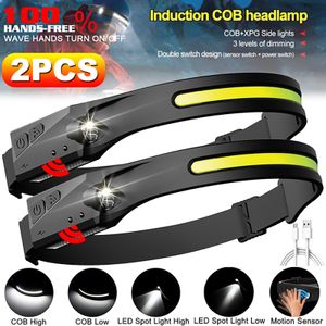 2Pcs LED Stirnlampe, COB Stirnlampen Wiederaufladbar, Sensorscheinwerfer USB wiederaufladbar Kopflampe, IPX4 wasserdicht, Schwarz