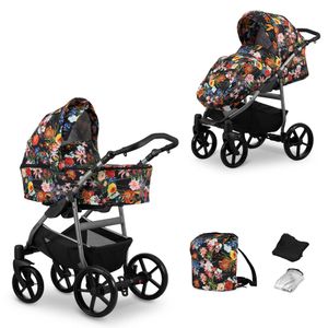 Kinderwagen MATA Sportwagen Babywagen Babyschale Komplettset Kinder Wagen Set 2 in 1 (blumen, Rahmenfarbe: Graphite)