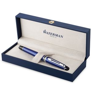 Waterman Expert Tintenroller | blau mit Chromzierteilen| feine Spitze | Schwarz | Geschenkbox
