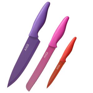 Messerset für Küche - 3-teilig - Buntes Messer Set aus Edelstahl - Scharfe Küchenmesser mit Farbiger Beschichtung