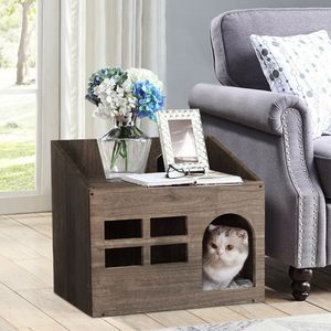 WISFOR kočičí dům dřevo, malý zvířecí dům s rohoží, kočičí skříňka zvířecí dům zvířecí dům designový stůl
