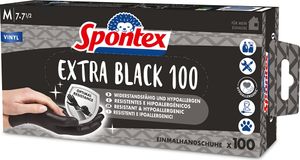 SPONTEX Extra Black Einmalhandschuhe aus Vinyl, ungepudert und latexfrei, vielseitig einsetzbar, in praktischer Spenderbox, Größe M, 100er Pack, schwarz