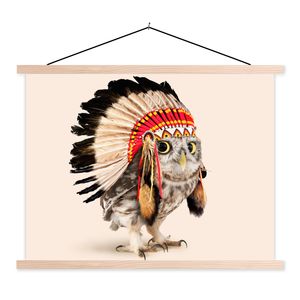 MuchoWow® Textilposter Tier - Eule - Indianer - Vogel 120x90 cm mit holzfarbenen Rahmen - Magnetisch