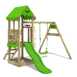 Fatmoose Spielturm Klettergerüst FriendlyFrenzy mit Schaukel & Rutsche, Kletterturm mit Sandkasten, Leiter & Spiel-Zubehör – apfelgrün