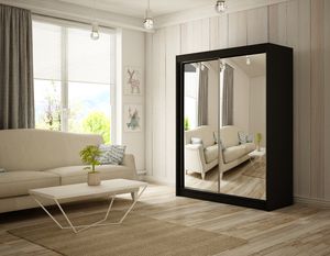 Kleiderschrank Elsa 200 cm inklusive 2 Schiebetüren mit Spiegel Kleiderstange Garderobe Schrank Lieferung bis in die Wohnung (Farbe: schwarz)