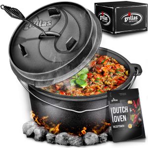 grillas® Dutch Oven Set 4,2 Liter / Topf ohne Füße Deckelheber BBQ Gusseisen Feuertopf Gusstopf Schmortopf