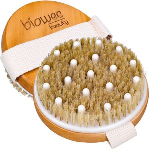 Biowee Holz-Massagebürste mit Agave-Borsten und Gummilaschen | Rundbürste mit Stiel und Abmessungen: 12 x 6,5 cm
