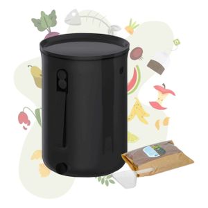 Skaza Bokashi Organko 2 | Preisgekrönter Küchenkompostbehälter hergestellt aus recyceltem Fischernetz | 9.6 L | Starter Set für Küchenabfälle und Kompostierung | mit EM Bestreuung 1 kg | Schwarz