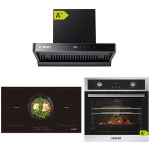 KB ELEMENTS Sparset, Einbauherd Set, Herdset, Induktionskochfeld 90cm 9400 Watt, Dunstabzugshaube 90cm 1350 m³/h, Backofen 60cm 70 Liter, EEK A+