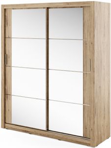 Furniture24 Schwebetürenschrank Kleiderschrank AR-03 ARTI Garderobenschrank Schrank Schiebetür Schiebeschrank mit Spiegel, 2 Kleiderstangen, 5 Einlegeboden Shetland Eiche, 180 cm breit