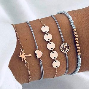 Armband-Set mit Herz, Pailletten Armband, mit Boho Baum Armreifen, Perlen-Handkette Modeschmuck für Damen und Mädchen (5 Stück)