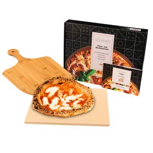 GOURMEO Pizzastein Set mit Bambus-Schaufel - 38x30cm Eckig - Cordierite Pizza Stein für Backofen, Gasgrill & Grill - Gleichmäßige Hitzeverteilung & leichte Reinigung