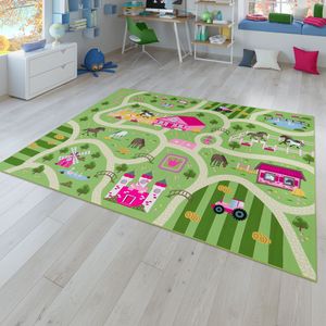 Kinder-Teppich, Spiel-Teppich Für Kinderzimmer, Landschaft und Pferde, In Grün Größe 100x200 cm