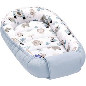 JUKKI® Baby Nestchen 100x55cm bis zu 9 Monaten BAUMWOLLE [Blue Safari] Babybett Reisebett Kokon Babynest Kuschelnest Nest