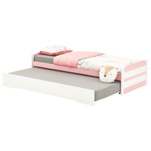 Ausziehbett LORENA in 90 x 190 cm, schönes Kinderbett aus Kiefer massiv in weiß/rosa, praktisches Jugendbett mit Auszugskasten