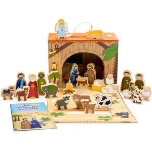 yoamo Spielkrippe Spielkoffer für Kinder mit Holzfiguren in hochwertigem Aufbewahrungs-Koffer mit Weihnachts-Geschichte, 26-teilig (1 Set)