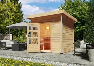Karibu Saunahaus Außensauna Gartensauna Norge unbehandelt Ofen 9 KW externe Strg easy 38mm Massivholz 231x196x238 cm mit Moderne Tür Karibu Saunahaus Außensauna Gartensauna Norge unbehandelt Ofen 9 KW externe Strg easy 38mm Massivholz 231x196x238 cm mit Moderne Tür