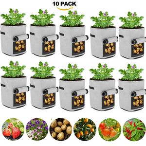 10 Stück Pflanzen Tasche, Kartoffel Pflanzsack 7 Gallonen mit Griffen und Sichtfenster, AtmungsaktivBeutel Gemüse Grow Bag Pflanztasche für Karotten/Zwiebeln/Gemüse (Grau)