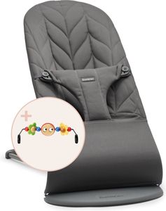 BabyBjörn Babywippe Bliss Bundle - Gewebt Blütenblatt-Steppung - Antrazit mit Spielzug Freche Augen