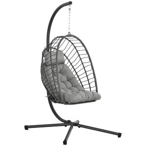 Outsunny Rattan Hängesessel Hängestuhl Höhe 194 cm Schaukelkorb Indoor Outdoor inkl. Gestell, klappbarer Hängekorb, Kissen, für Terrasse, Garten bis zu 100 kg, Hellgrau