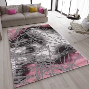 Teppich Wohnzimmer kurzflor Abstrakt Used Optik in Pink Grau, für Wohnzimmer, Schlafzimmer, küche, Maße:120x170 cm