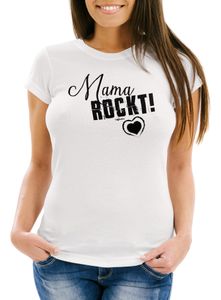 Damen T-Shirt Mama rockt Geschenk für Mutter Muttertag Slim Fit Moonworks® weiß XL