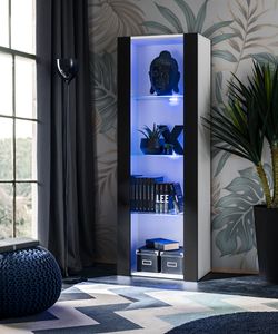 Komodee | Vitrine Schrank Tivoli mit 3 Regalböden, Korpus Weiß Matt Frontfarbe Schwarz Matt, LED Blau