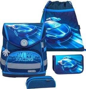Belmil Compact ergonomisches Schulranzen-Set 4-teilig "Racing Blue Neon" mit Brustgurt, Magnetverschluss
