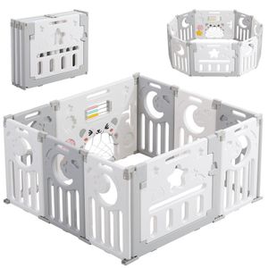 Dripex Laufgitter Laufstall Baby Absperrgitter 8+2 Paneele Schutzgitter Krabbelgitter für Kinder aus Kunststoff mit Tür und Spielzeugboard, Grau-Weiß