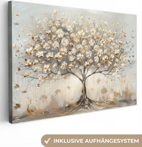 Leinwand Bilder 120x80 cm - Lebensbaum - Beige - Gold - Gemaltes Aussehen - Grau, Bilder, Wanddeko Wohnzimmer