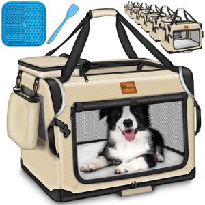 TRESKO® Hundebox faltbar Beige (L 70x52x52cm) inkl. Leckmatte, Spatel & Reflektoren | Transportbox für Hunde und Katzen | Hundetransportbox für kleine & große Hunde | Hundetasche robust