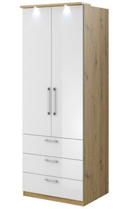 Furniture24 Schrank Optima 68 Kleiderschrank Drehtürenschrank 2 Türiger mit Einlegeboden Kleiderstange 3 Schubladen 90 cm breit Artisan Eiche/Weiß Hochglanz Schlafzimmer