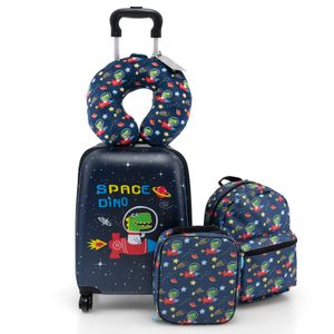 COSTWAY 5 teiliges Kinderkoffer + Rucksack, Kindertrolley mit Lunchbox, Gepäckanhänger & Nackenkissen (Schwarz)