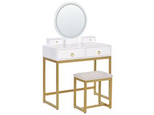 BELIANI Schminktisch Weiß und Gold MDF-Platte mit Metallbeinen Rundem LED-Spiegel 4 Schubladen Hocker Glamour für Erwachsene Schlafzimmer Jugendzimmer