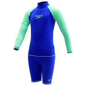 Speedo Rash Guard-Set für Jungen – 2-teiliges UPF 50+ Langarm-Badeshirt und Badeanzug-Set, schöner blau/grüner Glanz, Größe 10