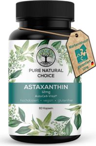 PURE NATURAL CHOICE ASTAXANTHIN | 12mg - Vegan - 4 Monatsvorrat -60 Kapseln - Premium Astaxanthin aus Algen - Vegan -  hochdosiert Bioverfügbarkeit