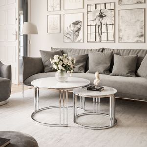 LORI GLASS 2in1 runder Couchtisch silber Chrom / Weißes Glass LORI GLASS 2in1 runder Couchtisch silber Chrom / Weißes Glass
