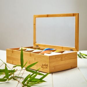 Klarstein Teebox Teekasten Teebeutelspender Aufbewahrungsbox , 10 Fächer , Holzoptik , Kunststoff-Sichtfenster , für 150 Teebeutel , aus Bambus